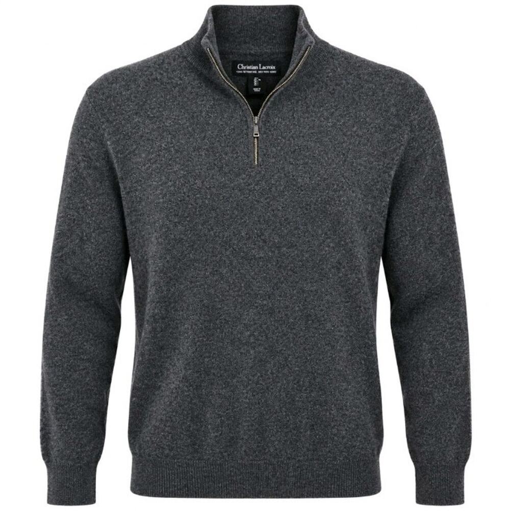 Christian Lacroix 100% Extrafine Merino Wool 1/4 Zip Sweater Grey Mens Large